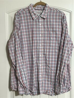 Amazon Essentials Men’s White Button-Down Shirt with Red & Blue Plaid